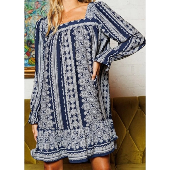 Navy & white multi print boho square neck long flounce sleeve tiered tunic dres - Picture 2 of 3